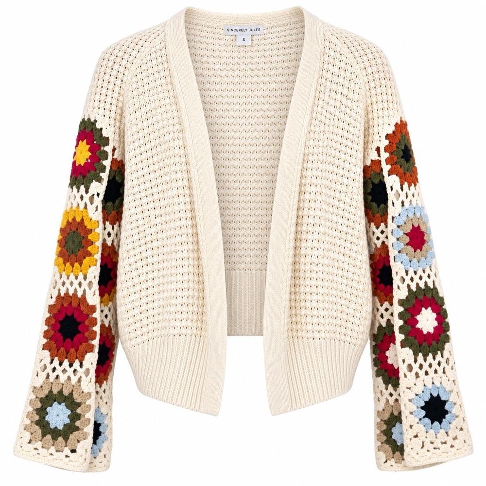 Sincerely Jules Small Granny Square Crochet Crop Cardigan Colorful Boho Festival